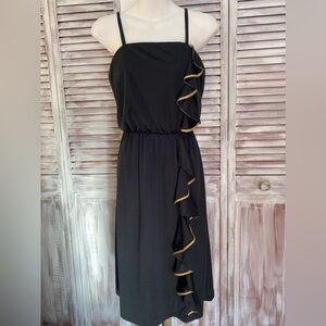 Vintage Black Ruffle Midi Dress Gold Trim Spaghetti Strap Waist Tie
